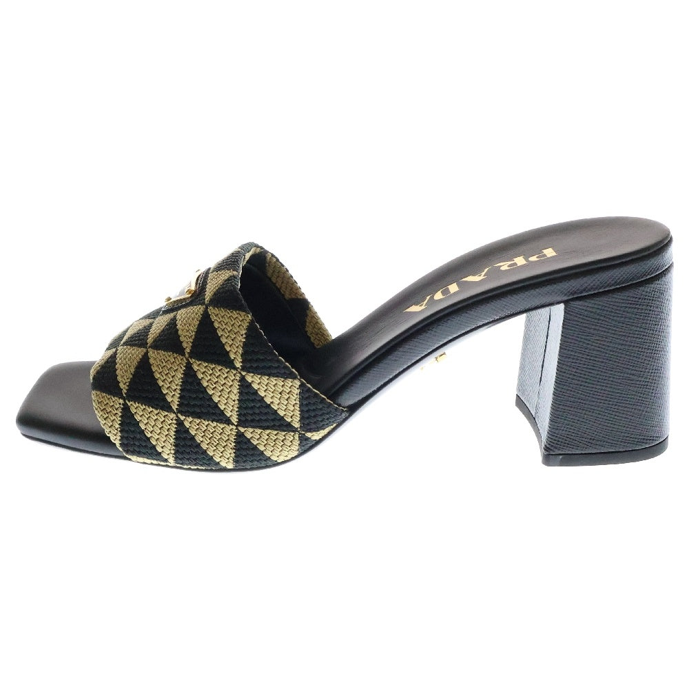 PRADA(プラダ) Embroidered fabric slides エンブロイダリー ファブリック スライド トライアングルロゴプレート サンダル ブラック×ベージュ レザー 1XX637