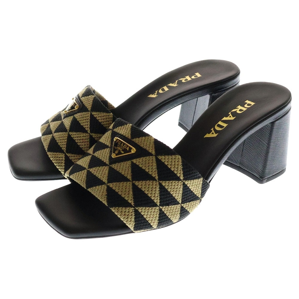PRADA(プラダ) Embroidered fabric slides エンブロイダリー ファブリック スライド トライアングルロゴプレート サンダル ブラック×ベージュ レザー 1XX637