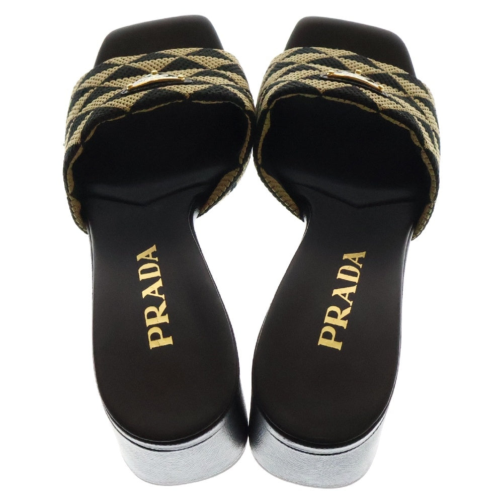 PRADA(プラダ) Embroidered fabric slides エンブロイダリー ファブリック スライド トライアングルロゴプレート サンダル ブラック×ベージュ レザー 1XX637
