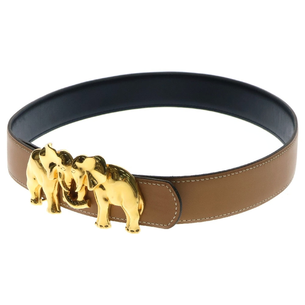 HERMES(エルメス) ベルト バックル ボックスカーフ アニマルモチーフ 黒×ブラウン 〇W刻印