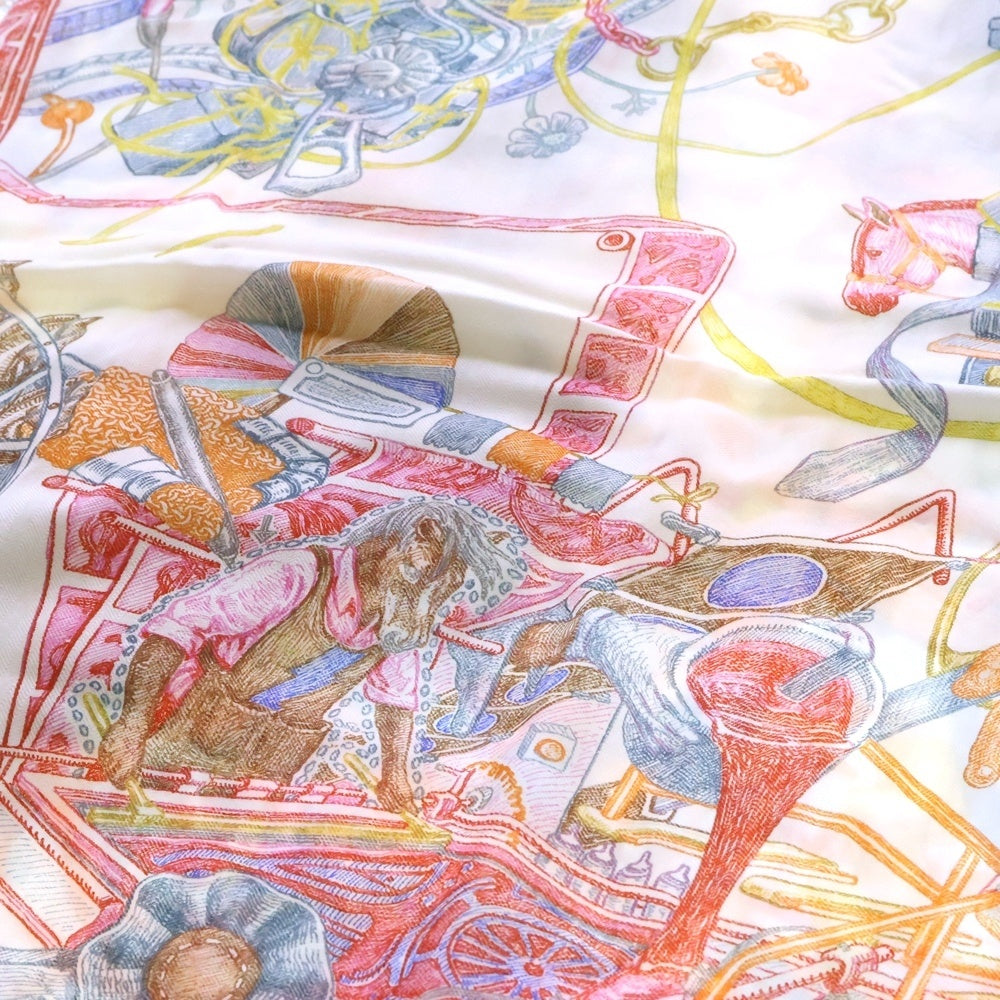 HERMES(エルメス) カレジェアン エルメスの世界 スカーフ ホワイト×ピンク×マルチカラー カシミヤ
