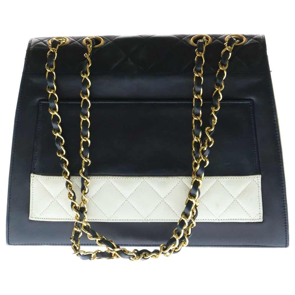 CHANEL(シャネル) マトラッセ2.55 シングルフラップ ダブルチェーン ショルダーバッグ ネイビー ホワイト ラムスキン ゴールド金具