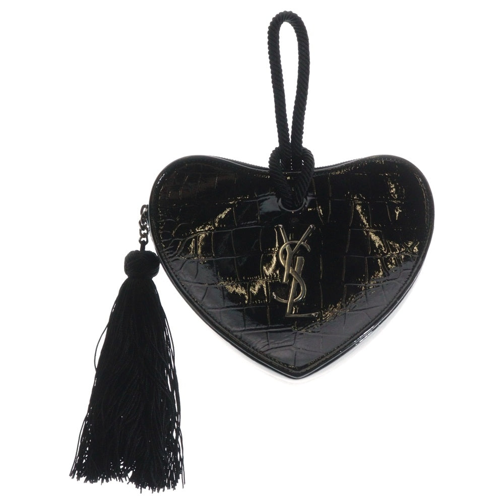 SAINT LAURENT PARIS(サンローランパリ) YSLロゴ ハート フリンジ クラッチバッグ セカンドバッグ ポーチ ブラック シルバー金具 型押し 538445