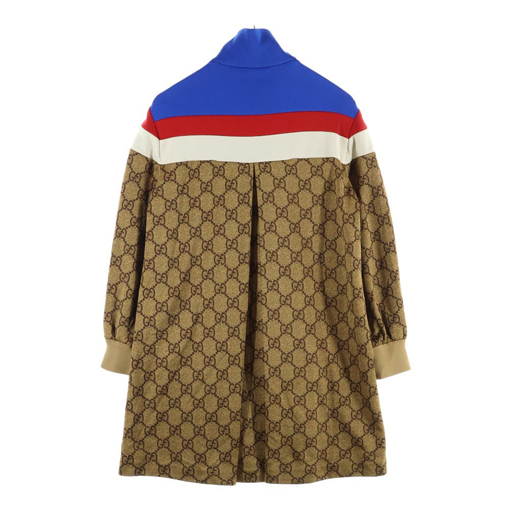 GUCCI(グッチ) GG総柄プリント切り替え ラバーワッペンロゴ ハーフジップ テクニカル ジャージー ロングスリーブ 長袖 ドレス ワンピース ブラウン/ブルー レディース 526526