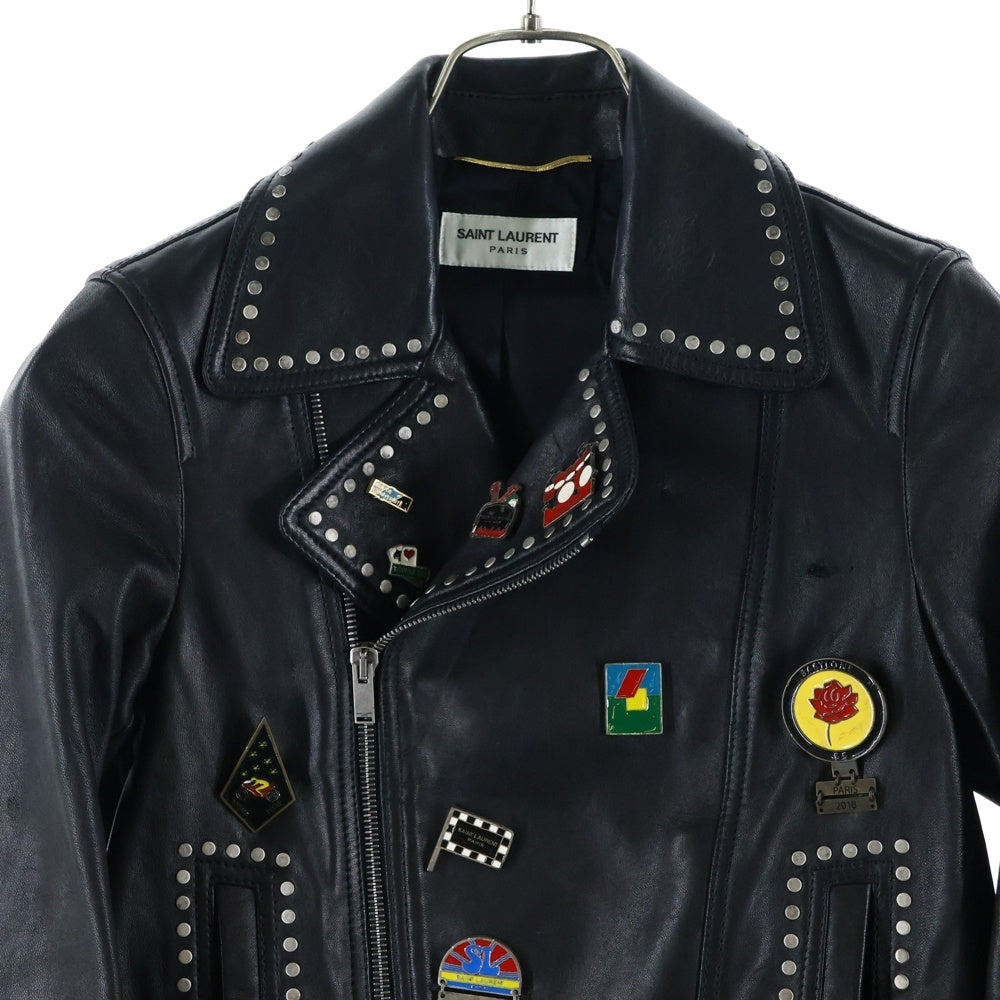 SAINT LAURENT PARIS(サンローランパリ) 18AW マルチピンバッジ スタッズ モーターサイクル ラムスキン レザー ライダースジャケット ブラック レディース 530735