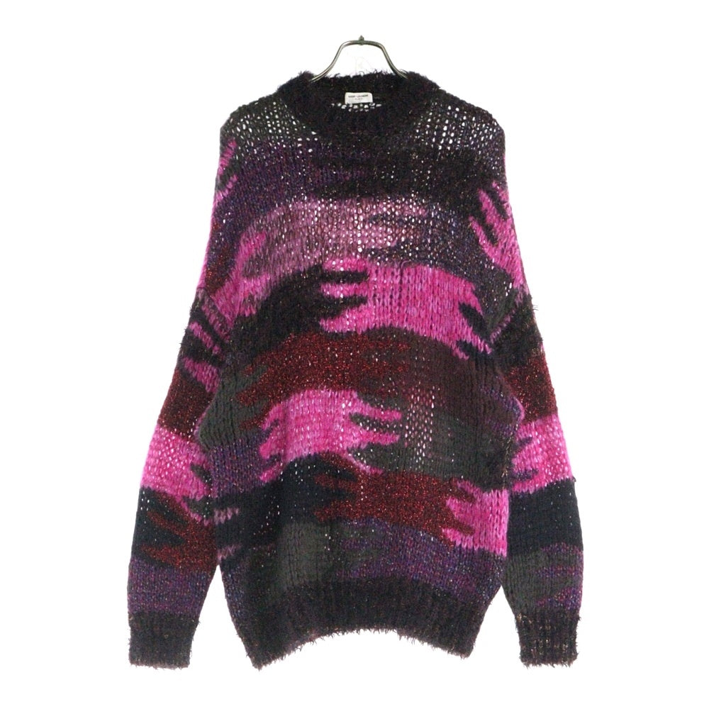 SAINT LAURENT PARIS(サンローランパリ) カモフラ 迷彩総柄 ジャガード ラメ ナイロン混 モヘヤ クルーネック プルオーバー 長袖 ニット セーター ピンク/ブラウン 529719