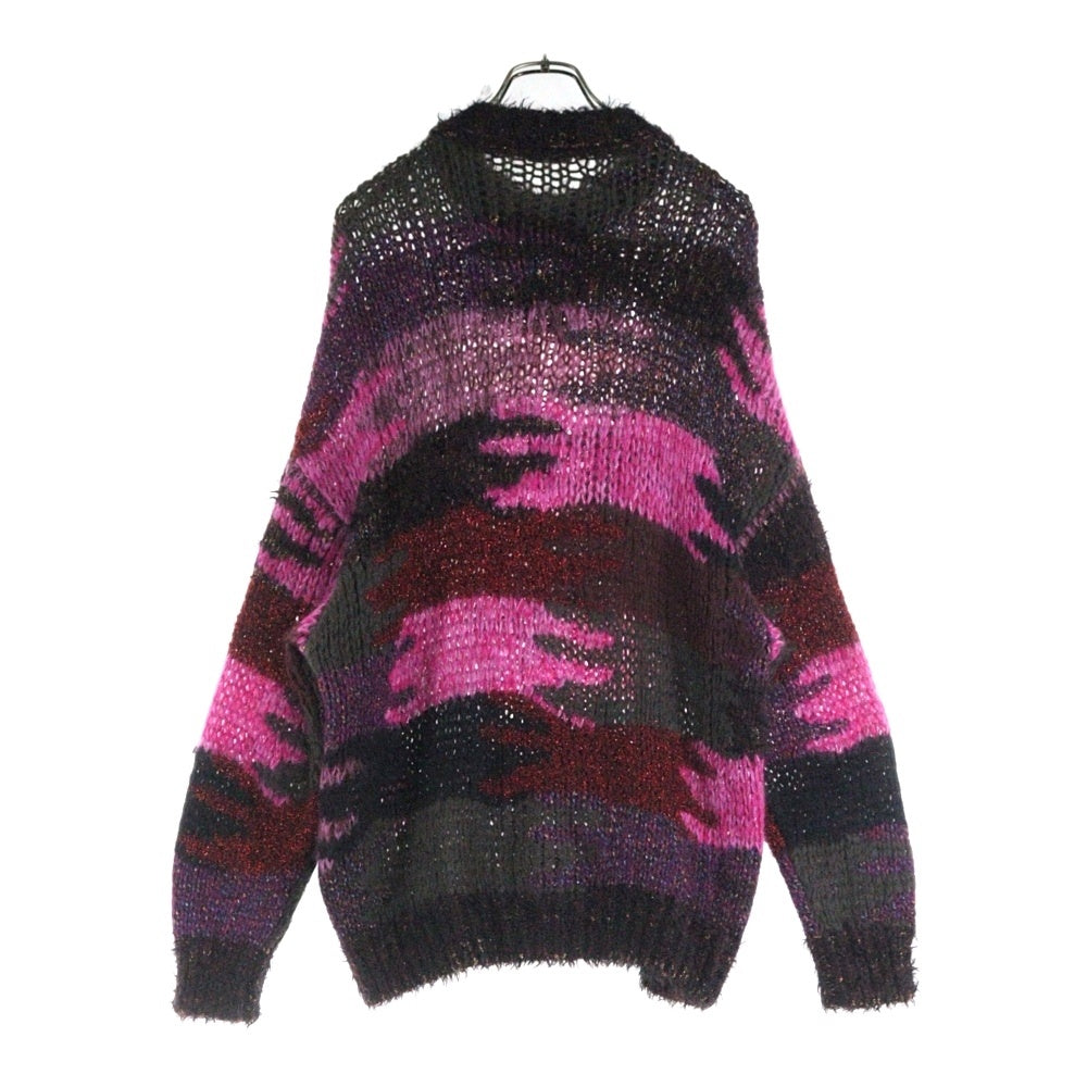 SAINT LAURENT PARIS(サンローランパリ) カモフラ 迷彩総柄 ジャガード ラメ ナイロン混 モヘヤ クルーネック プルオーバー 長袖 ニット セーター ピンク/ブラウン 529719