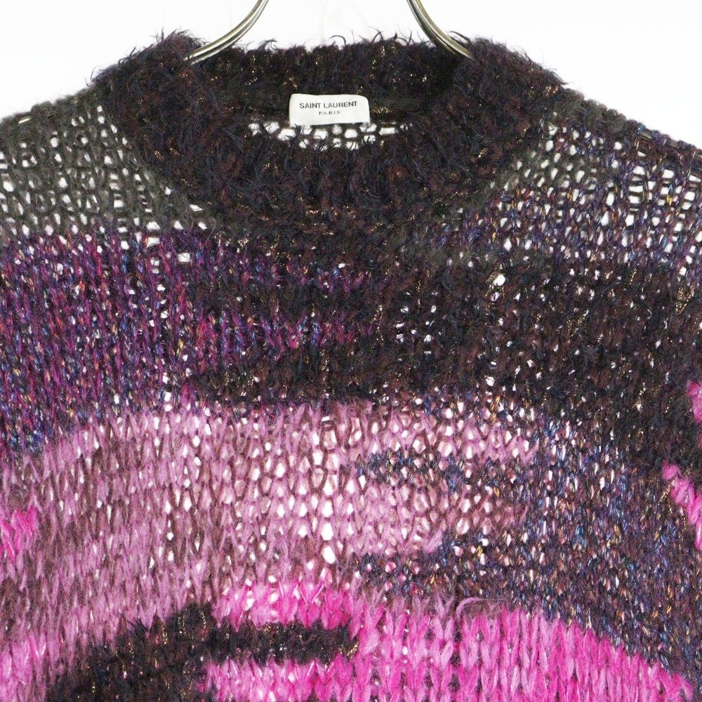 SAINT LAURENT PARIS(サンローランパリ) カモフラ 迷彩総柄 ジャガード ラメ ナイロン混 モヘヤ クルーネック プルオーバー 長袖 ニット セーター ピンク/ブラウン 529719