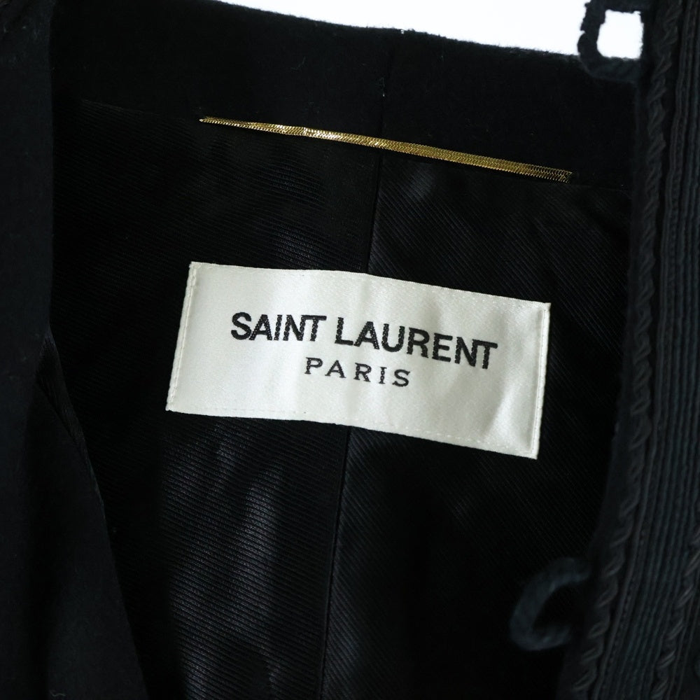 SAINT LAURENT PARIS(サンローランパリ) コード刺繍 トグルボタン ノーカラー カシミヤ混 メルトンウール ロングコート ポンチョ ブラック 535611