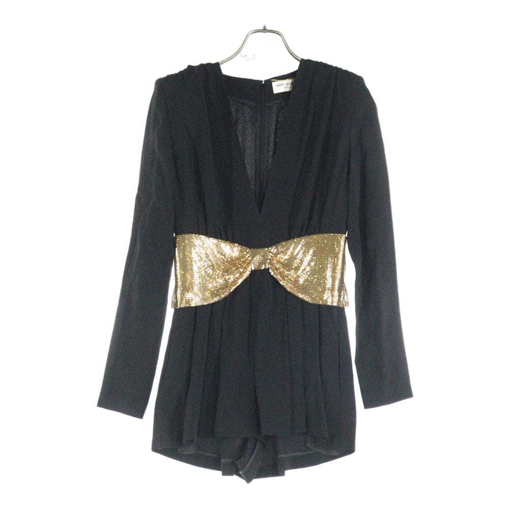 SAINT LAURENT PARIS(サンローランパリ) リボンデザイン 装飾 アセテート レーヨン Vネック ロングスリーブ 長袖 ミニ ドレス ブラック レディース 512187