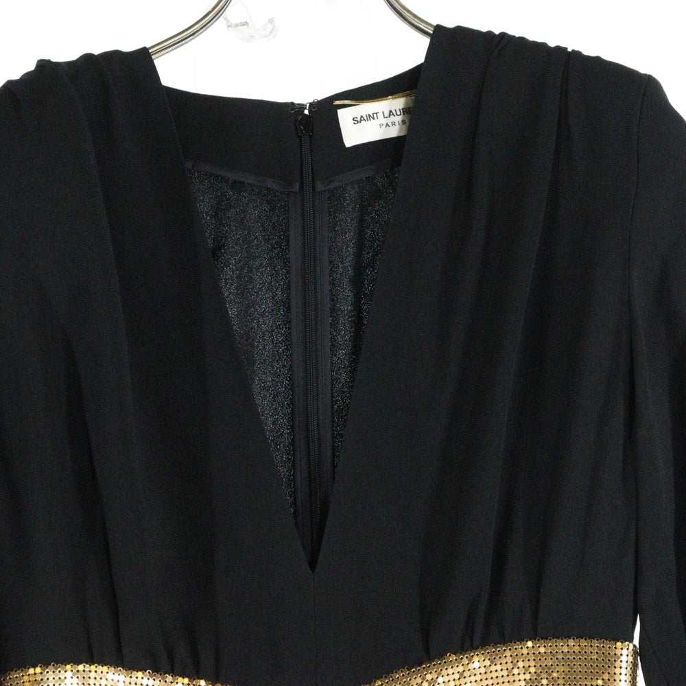 SAINT LAURENT PARIS(サンローランパリ) リボンデザイン 装飾 アセテート レーヨン Vネック ロングスリーブ 長袖 ミニ ドレス ブラック レディース 512187