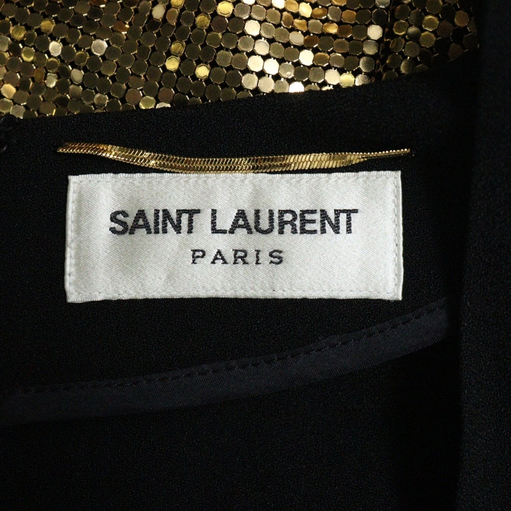 SAINT LAURENT PARIS(サンローランパリ) リボンデザイン 装飾 アセテート レーヨン Vネック ロングスリーブ 長袖 ミニ ドレス ブラック レディース 512187