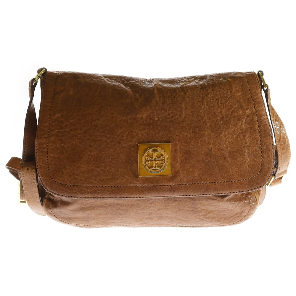 TORY BURCH(トリー バーチ) ウッドロゴプレート レザー ショルダーバッグ ゴールド金具 ブラウン