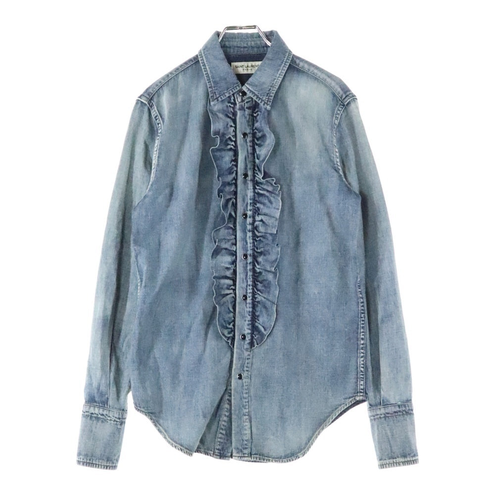 SAINT LAURENT PARIS(サンローランパリ) 19SS フリルデザイン スナップボタン レギュラーカラー ロングスリーブ 長袖シャツ インディゴ 623782