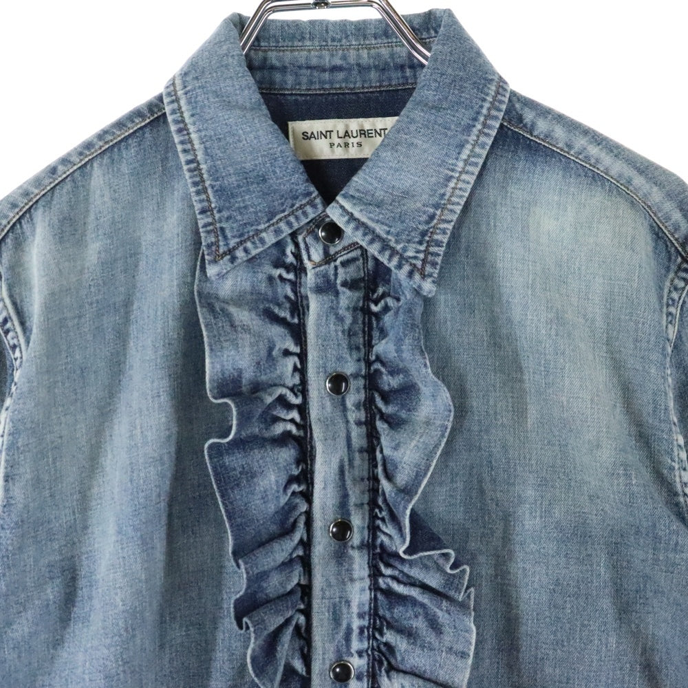 SAINT LAURENT PARIS(サンローランパリ) 19SS フリルデザイン スナップボタン レギュラーカラー ロングスリーブ 長袖シャツ インディゴ 623782