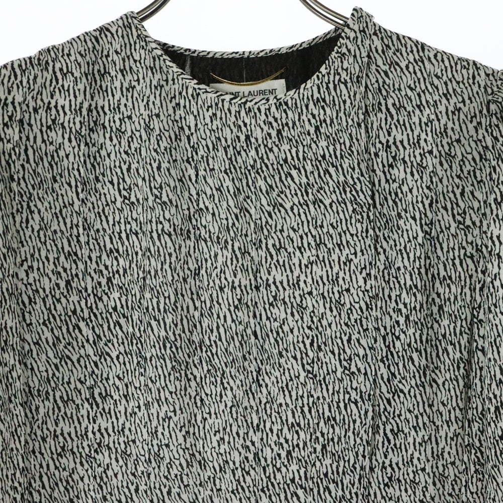 SAINT LAURENT PARIS(サンローランパリ) 19SS 総柄プリント レーヨン クルーネック ギャザー ロングスリーブ 長袖 ミディアム プリーツ ワンピース ドレス ホワイト/ブラック レディース 608954