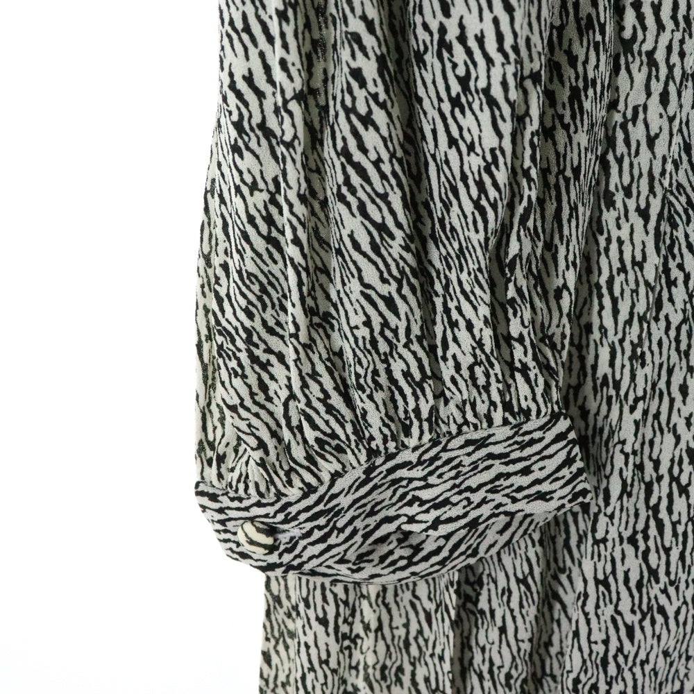 SAINT LAURENT PARIS(サンローランパリ) 19SS 総柄プリント レーヨン クルーネック ギャザー ロングスリーブ 長袖 ミディアム プリーツ ワンピース ドレス ホワイト/ブラック レディース 608954