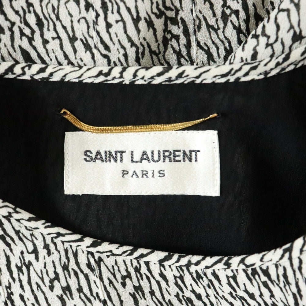 SAINT LAURENT PARIS(サンローランパリ) 19SS 総柄プリント レーヨン クルーネック ギャザー ロングスリーブ 長袖 ミディアム プリーツ ワンピース ドレス ホワイト/ブラック レディース 608954