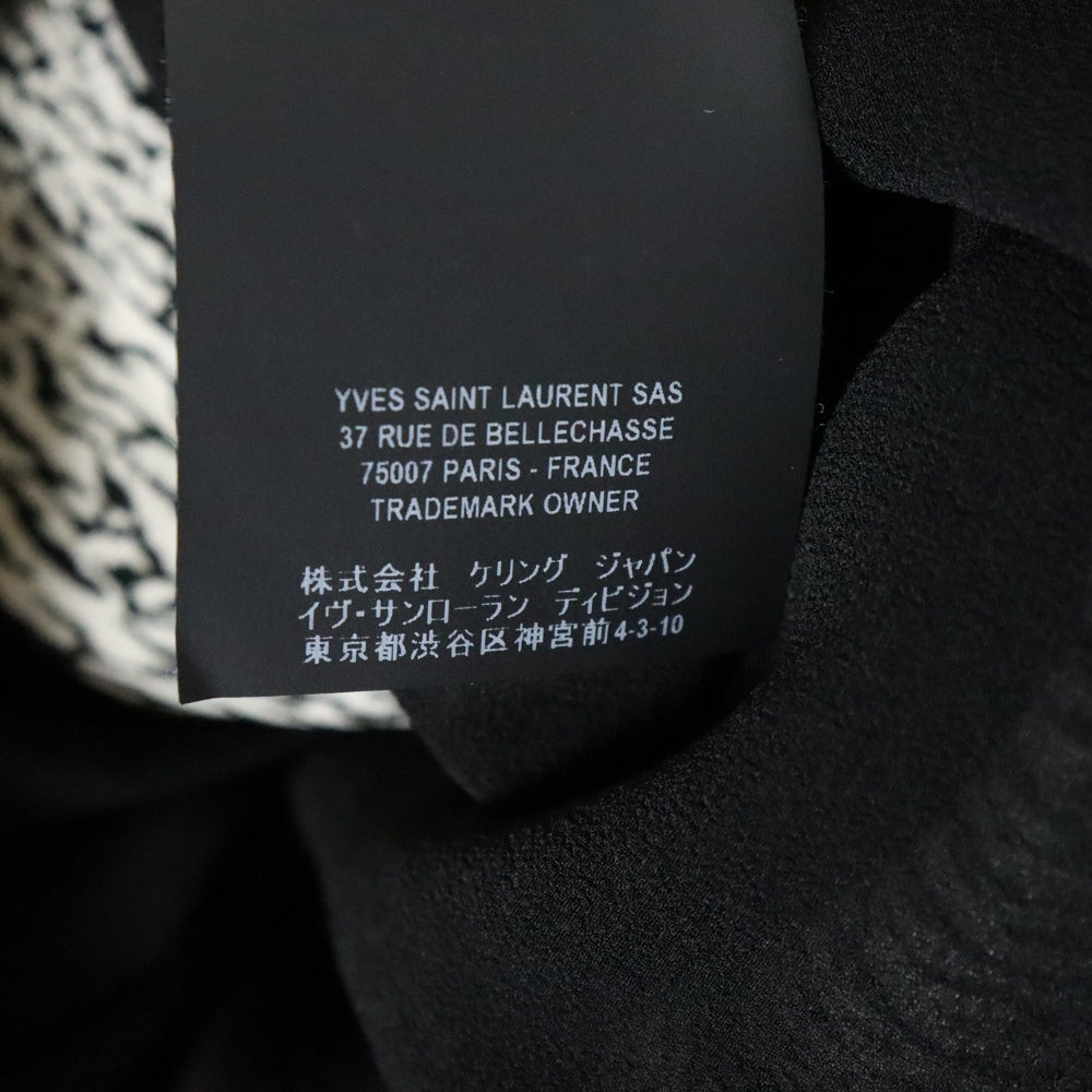 SAINT LAURENT PARIS(サンローランパリ) 19SS 総柄プリント レーヨン クルーネック ギャザー ロングスリーブ 長袖 ミディアム プリーツ ワンピース ドレス ホワイト/ブラック レディース 608954