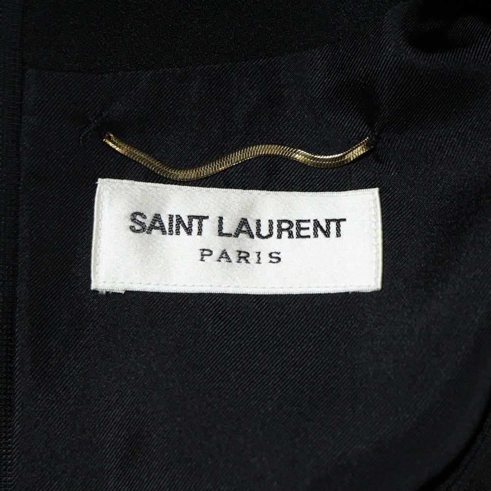 SAINT LAURENT PARIS(サンローランパリ) メッシュ レース 切り替え アセテート レーヨン クルーネック ギャザースリーブ 長袖 ミディアムワンピース ブラック レディース 472349