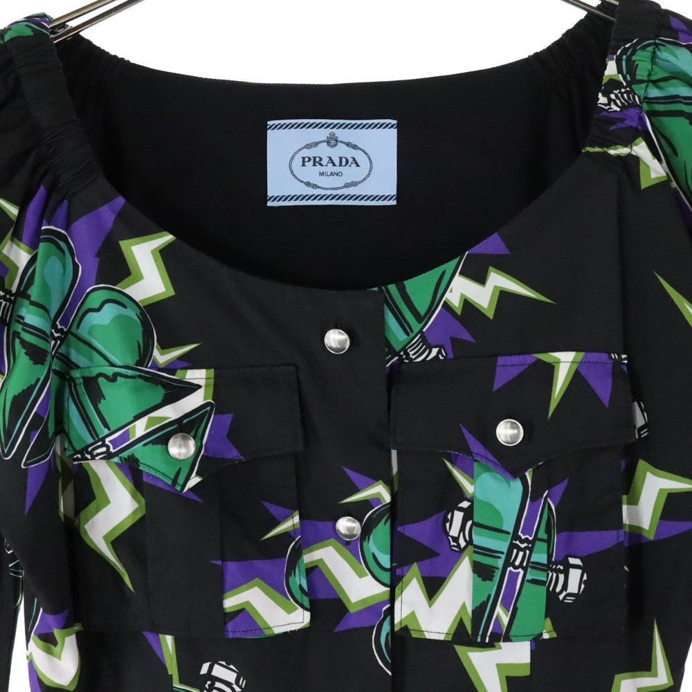 PRADA(プラダ) 19AWフランケンシュタイン ハート 総柄プリント五分袖 ハーフスリーブ ミディアム ギャザー フレア ワンピース ブラック/グリーン レディース P38B7