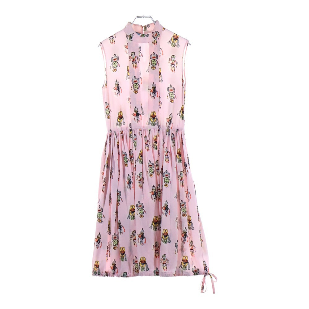 PRADA(プラダ) 16SS ロボット総柄プリント シルク スタンドカラー ノースリーブ ギャザー ミディアムワンピース ピンク レディース P24N3