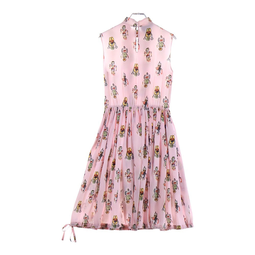 PRADA(プラダ) 16SS ロボット総柄プリント シルク スタンドカラー ノースリーブ ギャザー ミディアムワンピース ピンク レディース P24N3
