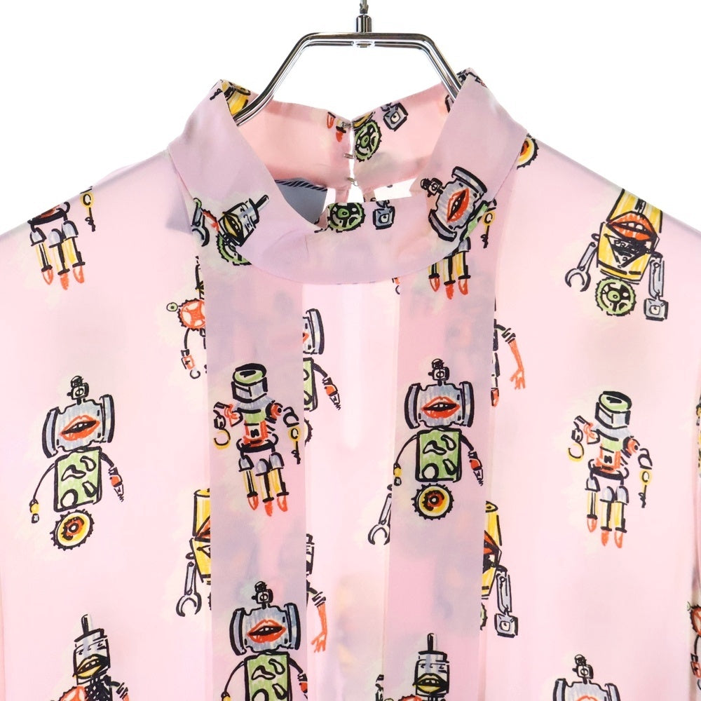 PRADA(プラダ) 16SS ロボット総柄プリント シルク スタンドカラー ノースリーブ ギャザー ミディアムワンピース ピンク レディース P24N3