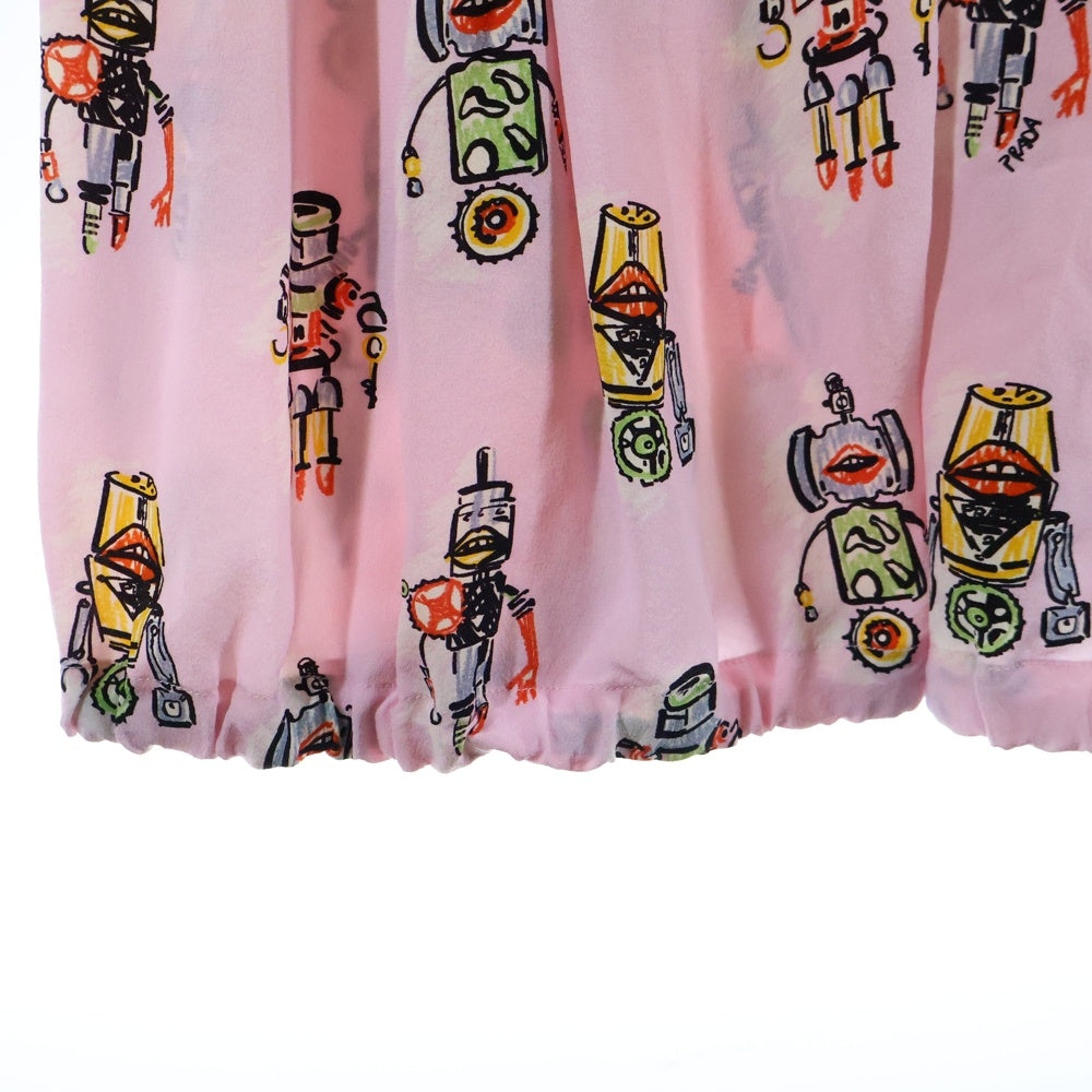 PRADA(プラダ) 16SS ロボット総柄プリント シルク スタンドカラー ノースリーブ ギャザー ミディアムワンピース ピンク レディース P24N3