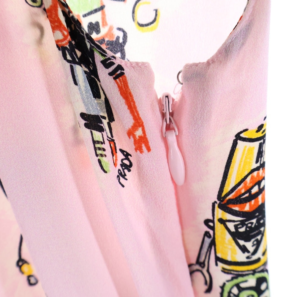 PRADA(プラダ) 16SS ロボット総柄プリント シルク スタンドカラー ノースリーブ ギャザー ミディアムワンピース ピンク レディース P24N3