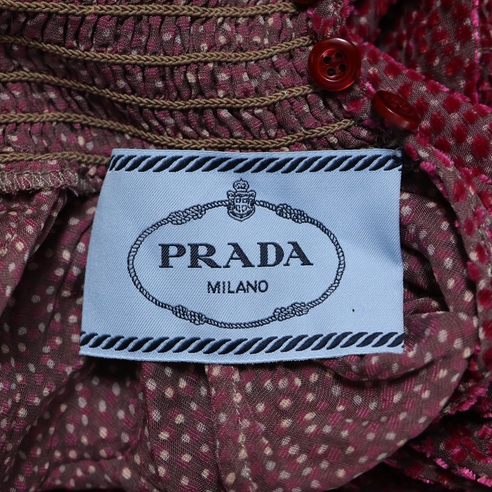 PRADA(プラダ) 19SS ドット総柄 ベロア リボンカラー ギャザーデザイン パフスリーブ 長袖 ミディアムワンピース レッド レディース P3900R