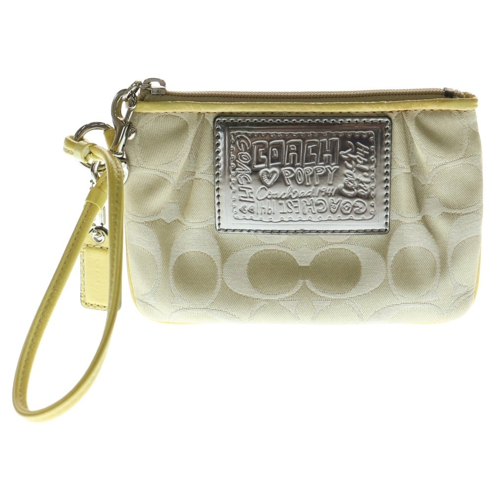COACH(コーチ) シグネチャーポーチ ケース バッグチャーム 収納 イエロー×ベージュ レザー×キャンバス シルバー金具