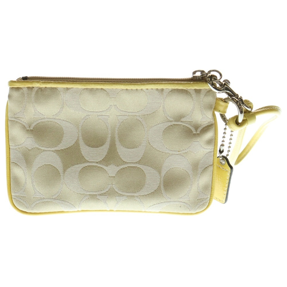 COACH(コーチ) シグネチャーポーチ ケース バッグチャーム 収納 イエロー×ベージュ レザー×キャンバス シルバー金具
