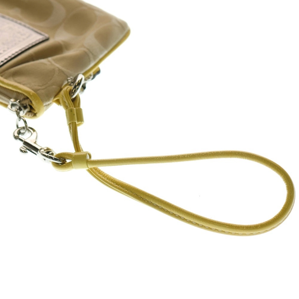 COACH(コーチ) シグネチャーポーチ ケース バッグチャーム 収納 イエロー×ベージュ レザー×キャンバス シルバー金具