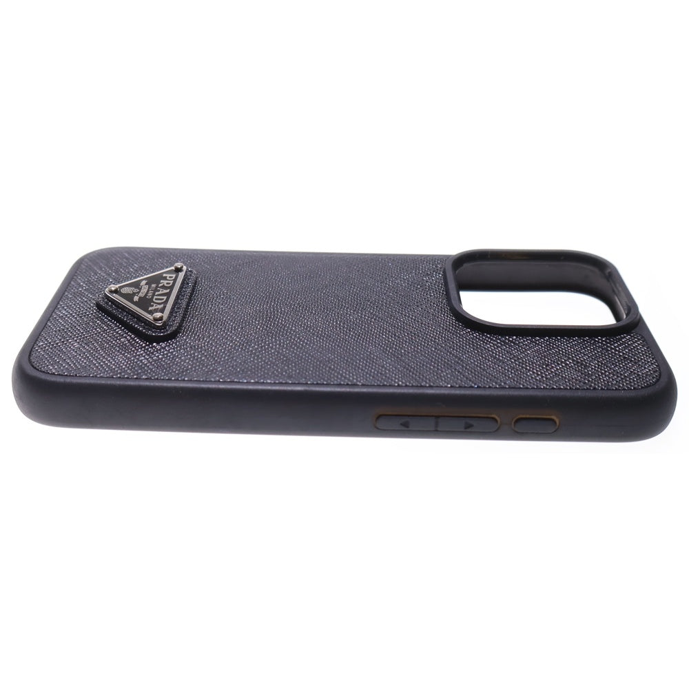 PRADA(プラダ) サフィアーノレザー トライアングルロゴプレート iPhone 15Pro ケース シルバー金具 ブラック 2ZH181