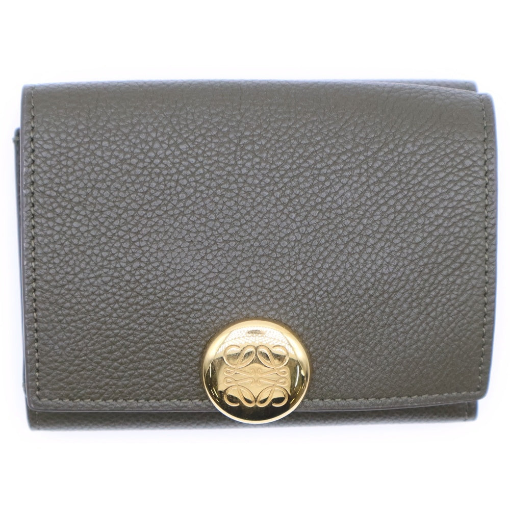 LOEWE(ロエベ) ペブル アナグラム トライフォールドウォレット コンパクトウォレット 三つ折り財布 カーキグリーン レザー ゴールド金具