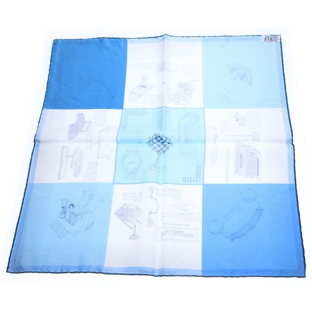 HERMES(エルメス) カレ45 LES OBJETS INTROUVABLES おかしな道具たち シルクスカーフ ライトブルー×ホワイト