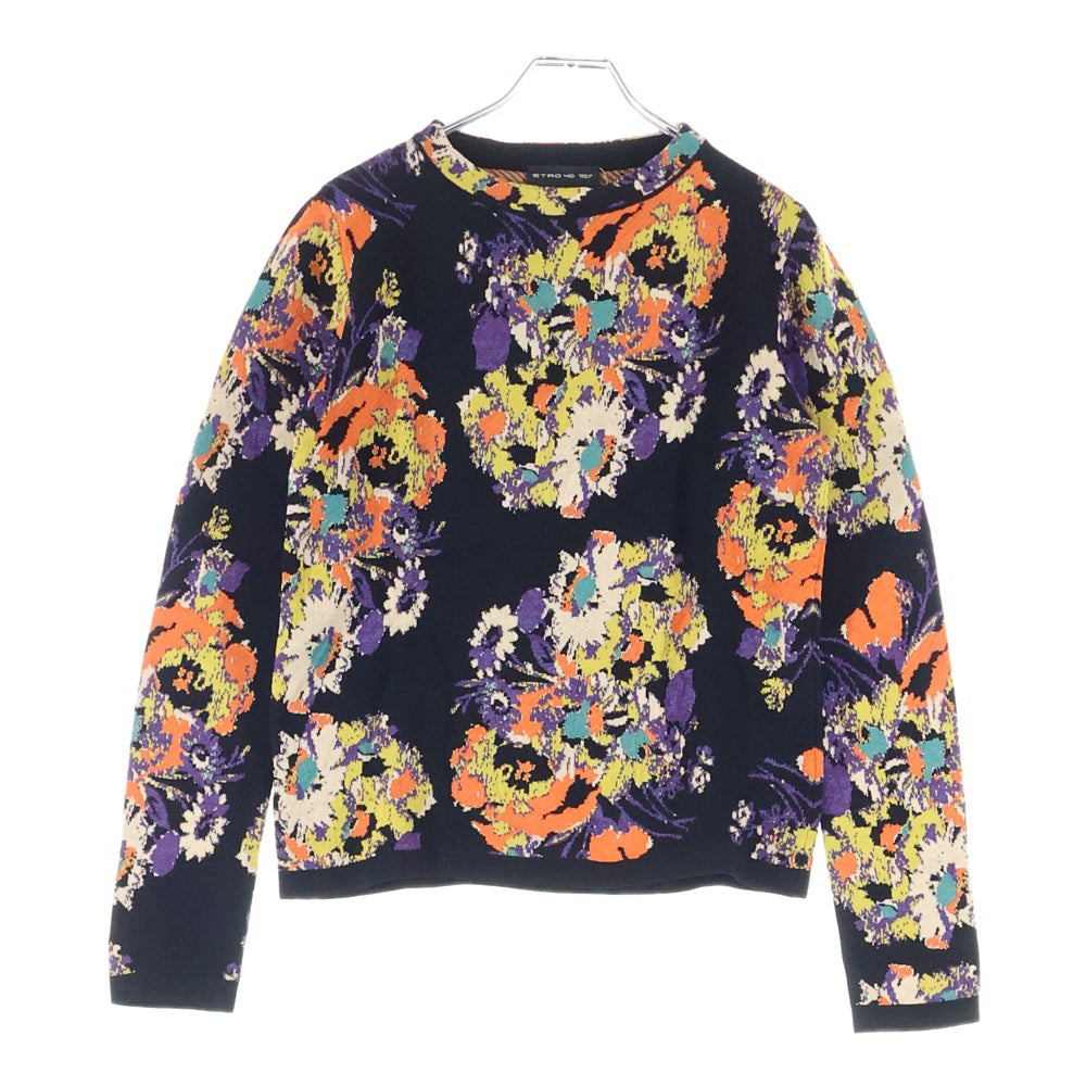 ETRO(エトロ) 17SS フラワー総柄ジャガード レーヨン クルーネック プルオーバー 長袖ニット セーター ブラック/オレンジ 172-15619-9257