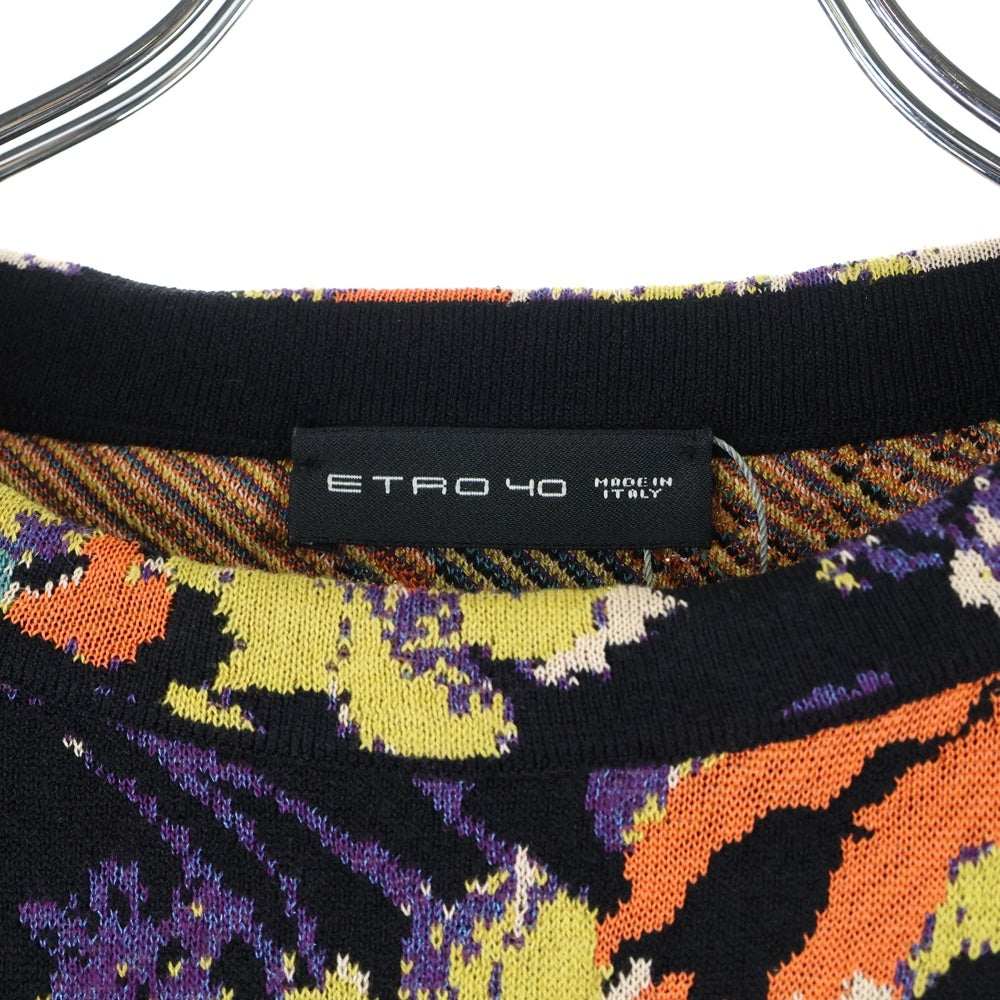 ETRO(エトロ) 17SS フラワー総柄ジャガード レーヨン クルーネック プルオーバー 長袖ニット セーター ブラック/オレンジ 172-15619-9257