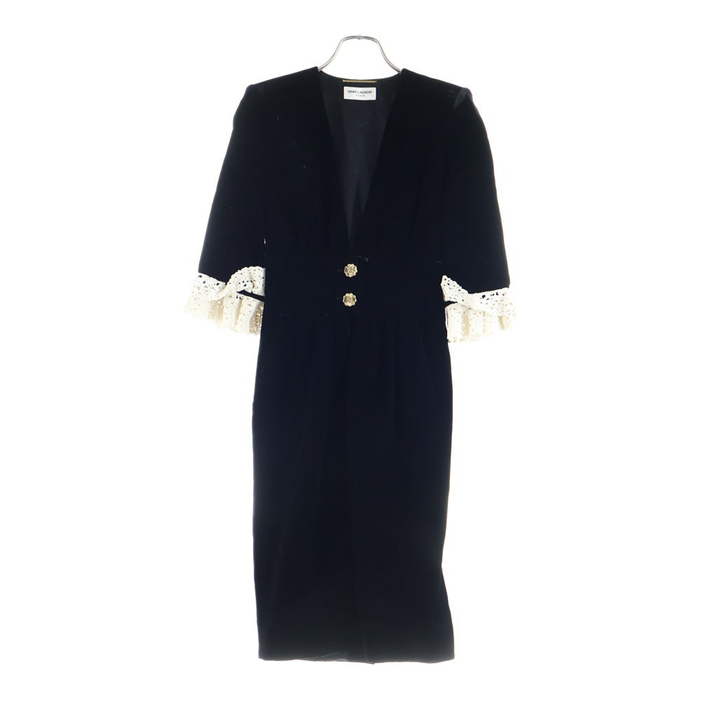 SAINT LAURENT PARIS(サンローランパリ) ベロア ベルベット ゴールドボタン Vネック レース切り替え ハーフスリーブ ギャザー タイト ミディアムワンピース ブラック レディース 703780