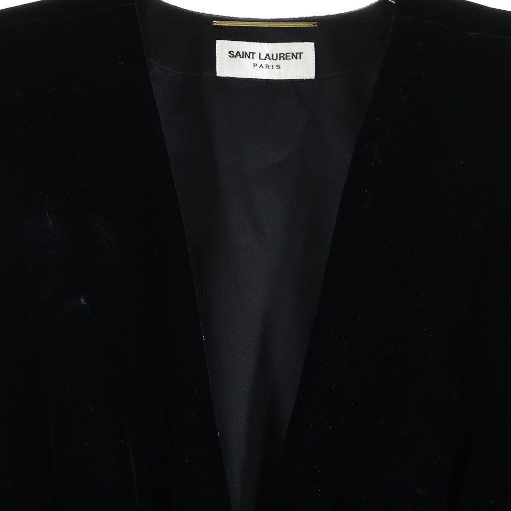 SAINT LAURENT PARIS(サンローランパリ) ベロア ベルベット ゴールドボタン Vネック レース切り替え ハーフスリーブ ギャザー タイト ミディアムワンピース ブラック レディース 703780