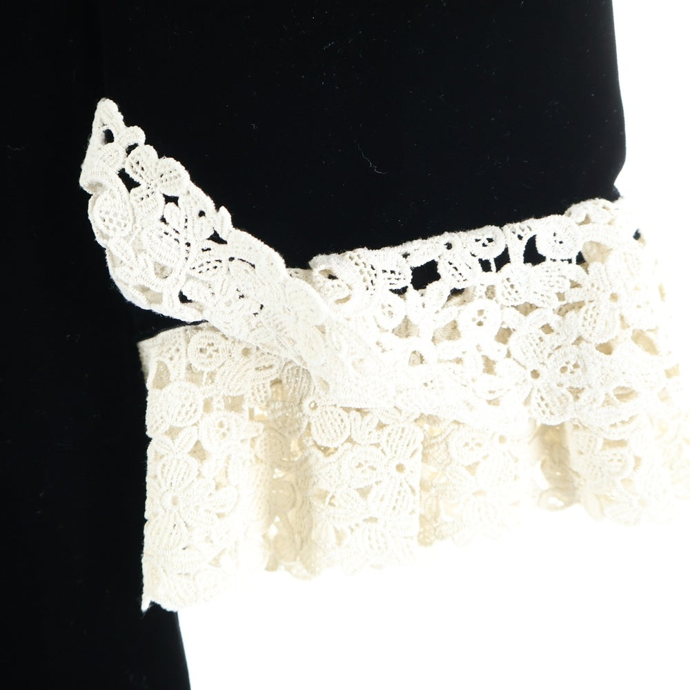 SAINT LAURENT PARIS(サンローランパリ) ベロア ベルベット ゴールドボタン Vネック レース切り替え ハーフスリーブ ギャザー タイト ミディアムワンピース ブラック レディース 703780