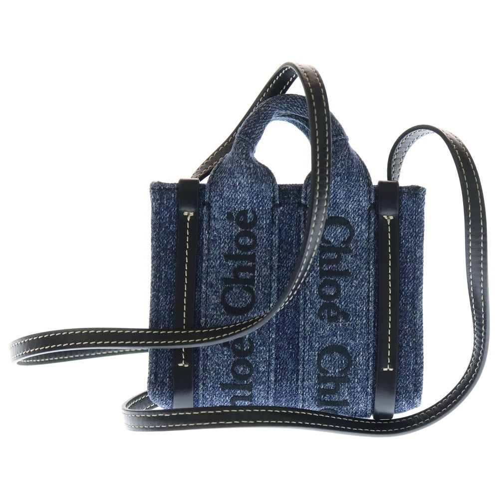 Chloe(クロエ) ウッディ ナノ ロゴ刺繍 デニム レザー ショルダーバッグ インディゴ/ブラック レディース