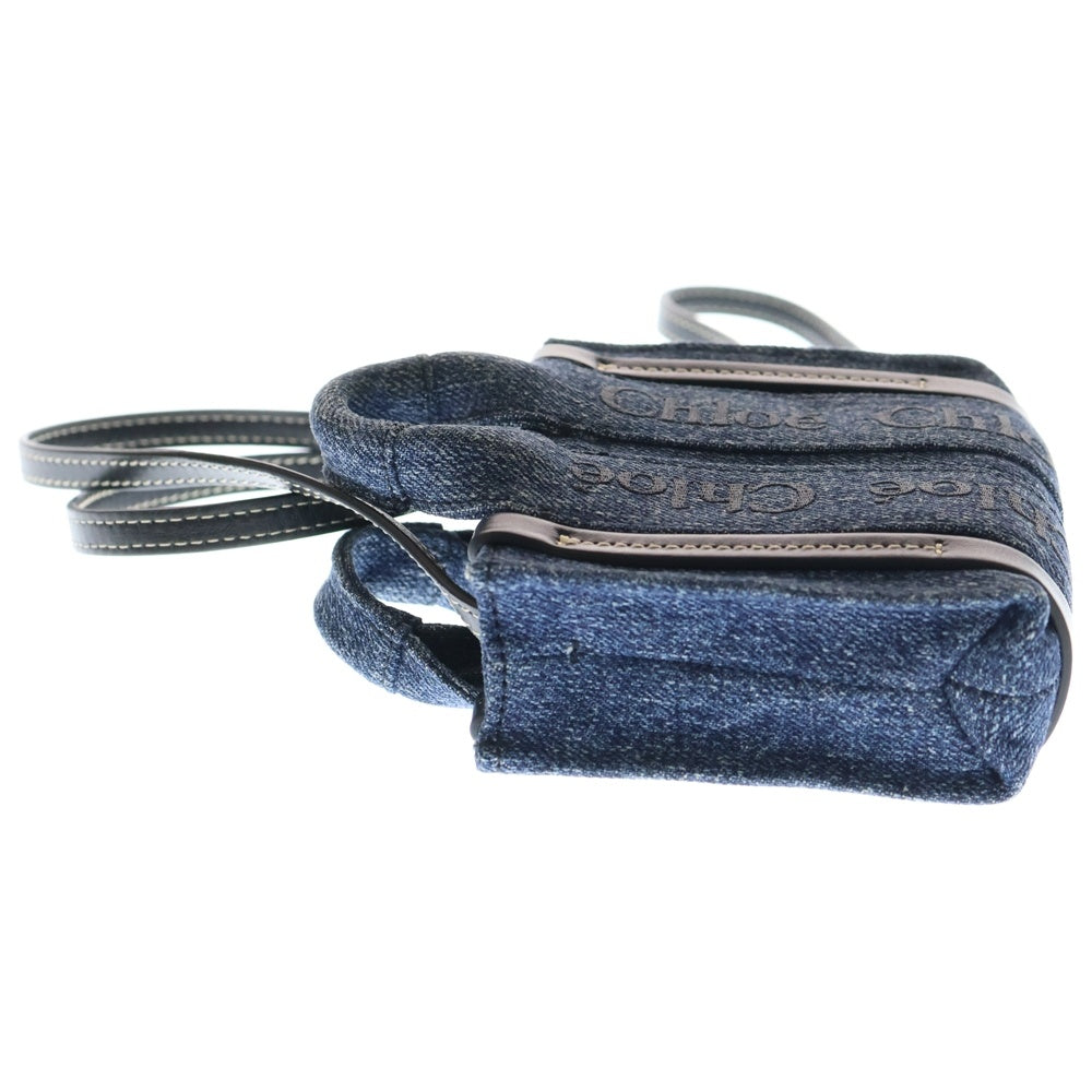 Chloe(クロエ) ウッディ ナノ ロゴ刺繍 デニム レザー ショルダーバッグ インディゴ/ブラック レディース