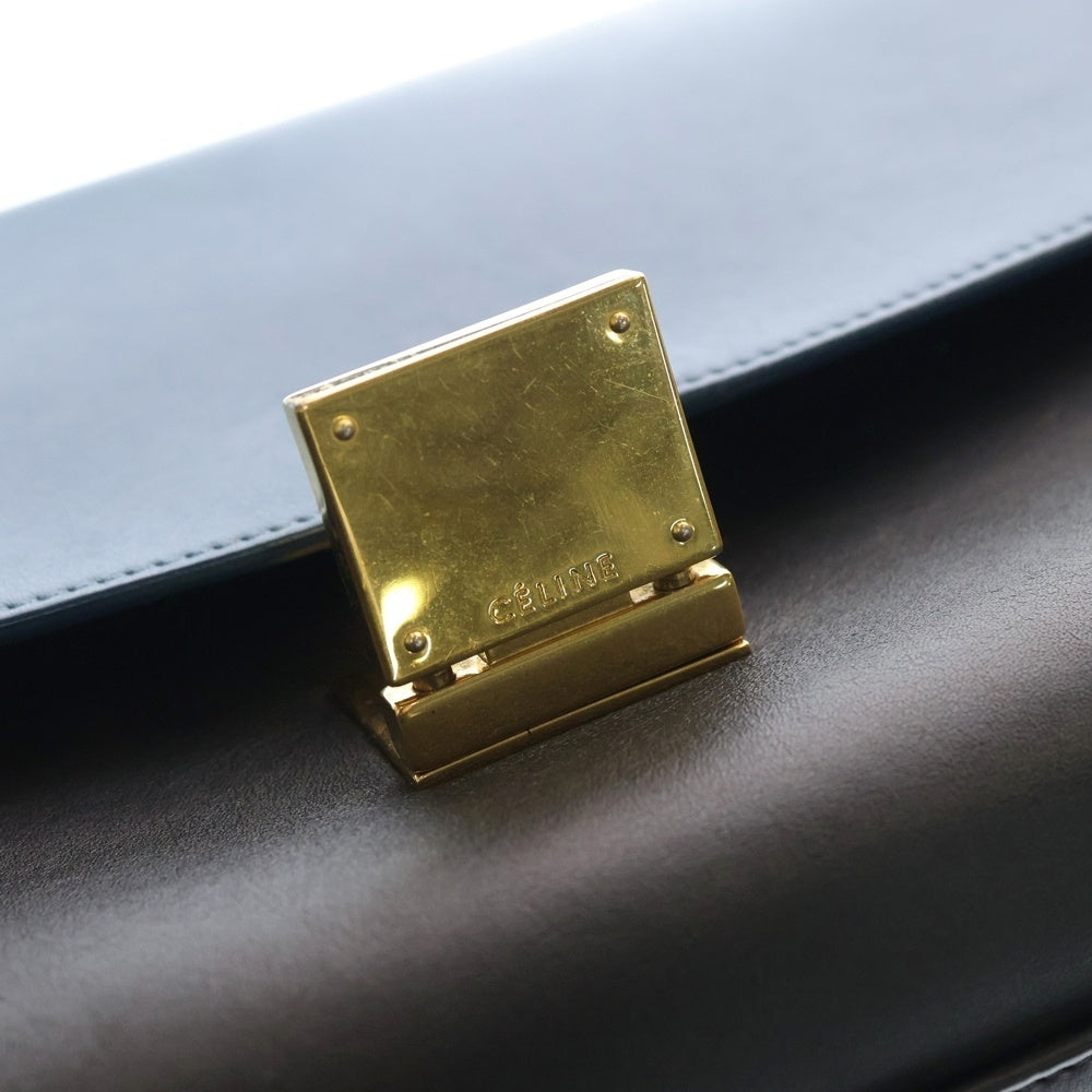 CELINE(セリーヌ) トラペーズ ロゴ刻印レザーショルダーバッグ バイカラー ブラック/ブルー レディース