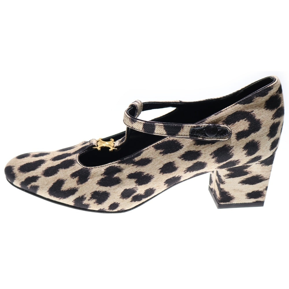 CELINE(セリーヌ) トリオンフ ロゴプレート レオパード総柄 Tストラップ ヒール キャンバス パンプス シューズ ベージュ/ブラック レディース