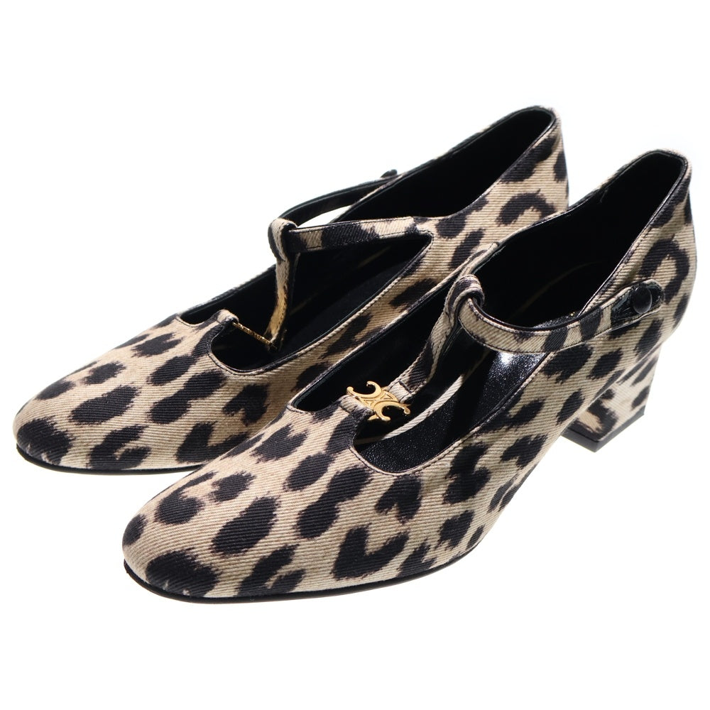 CELINE(セリーヌ) トリオンフ ロゴプレート レオパード総柄 Tストラップ ヒール キャンバス パンプス シューズ ベージュ/ブラック レディース