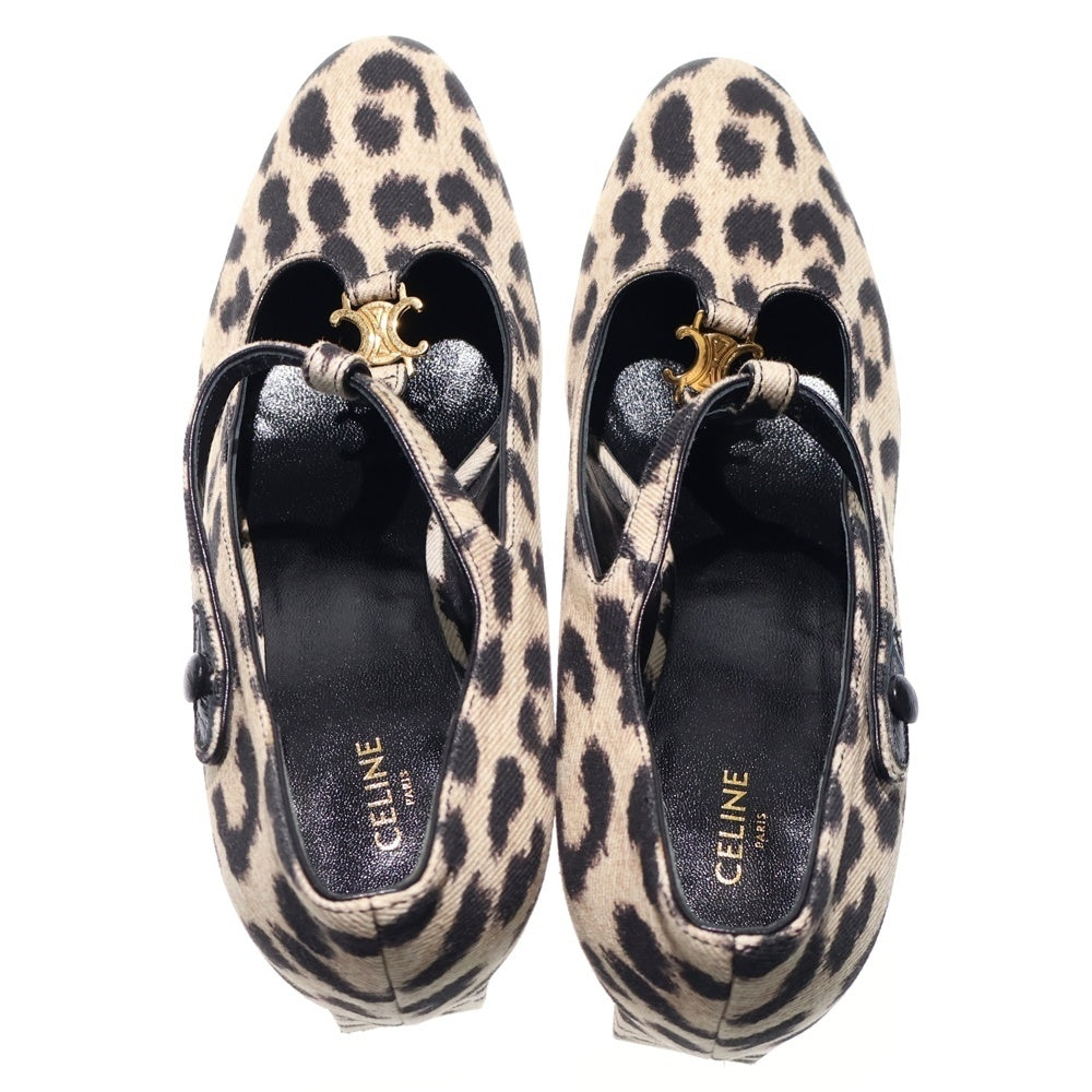 CELINE(セリーヌ) トリオンフ ロゴプレート レオパード総柄 Tストラップ ヒール キャンバス パンプス シューズ ベージュ/ブラック レディース