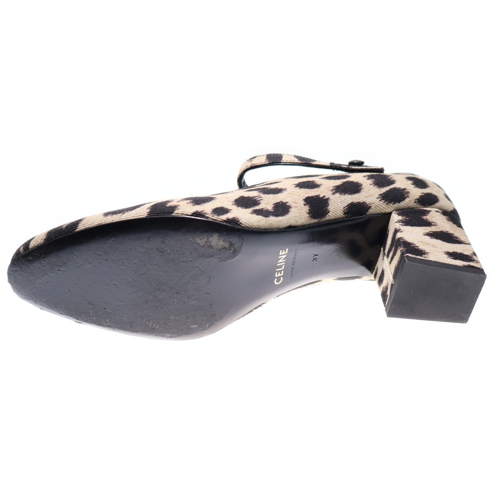 CELINE(セリーヌ) トリオンフ ロゴプレート レオパード総柄 Tストラップ ヒール キャンバス パンプス シューズ ベージュ/ブラック レディース