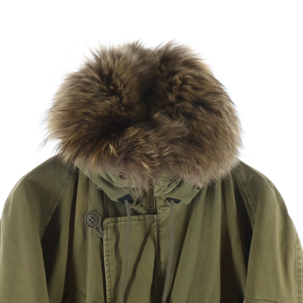 SAINT LAURENT PARIS(サンローランパリ) ラクーンファー ライニング フーデッド ジップアップ ロングジャケット モッズコート カーキ レディース 487861